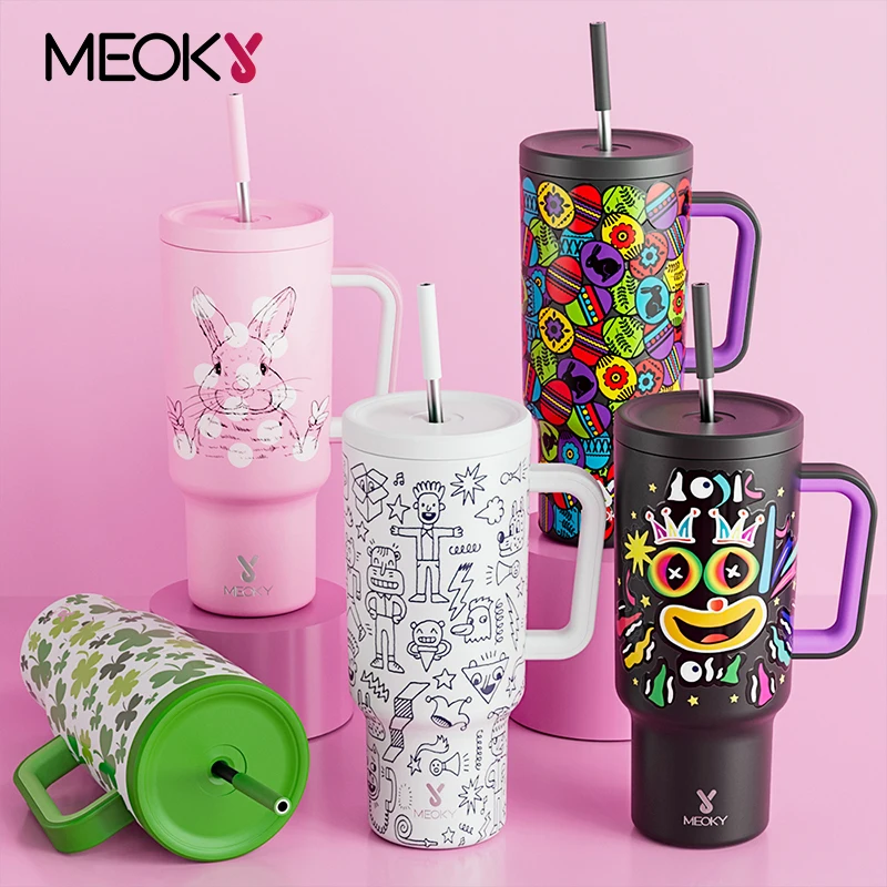 Meoky 40oz Vacuum Cup Tumbler Straw Cup with Lid Stainless Steel Large Capacity Car Mug Leak-proof  Juice Coffee Cup Food Grade