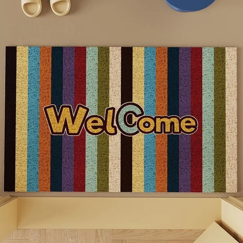Retro Rainbow Multi‑Color Vertical Stripe Welcome Text PVC Coil Doormat Dirt Catching Washable Non‑Slip Front Entrance Rug