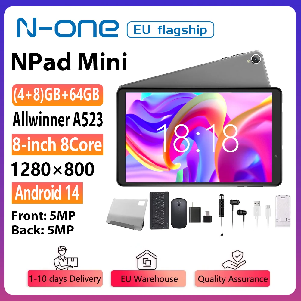 N-one NPad Mini 8 "1280*800 tablette Android 14 Allwinner A523 (4 + 8) LPDDR4 64 go tablette octa-core 5000mAh Wifi BT5.0