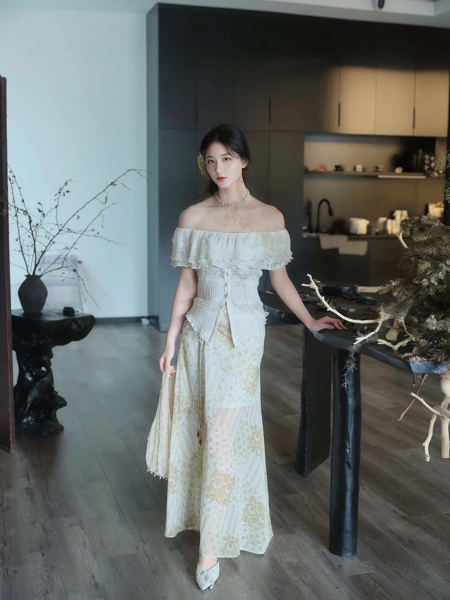 

Peter Pan Uncle New Chinese Sle One oulder Pleated Lace Top Printed Belted f Skirt Two Piece Set Summer Faion for Teens