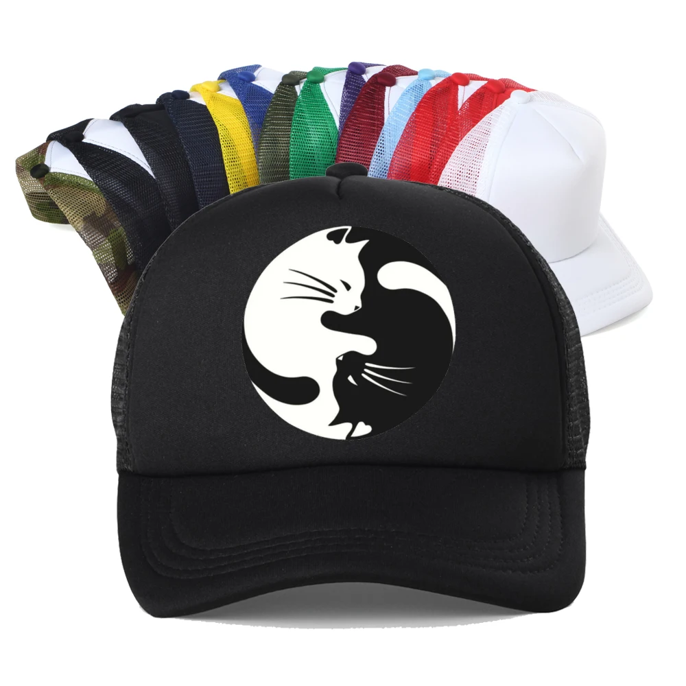 Yin Yang Cats Kittens Funny Cute Print Baseball Cap Women Harajuku Summer Mesh Net Trucker Hat
