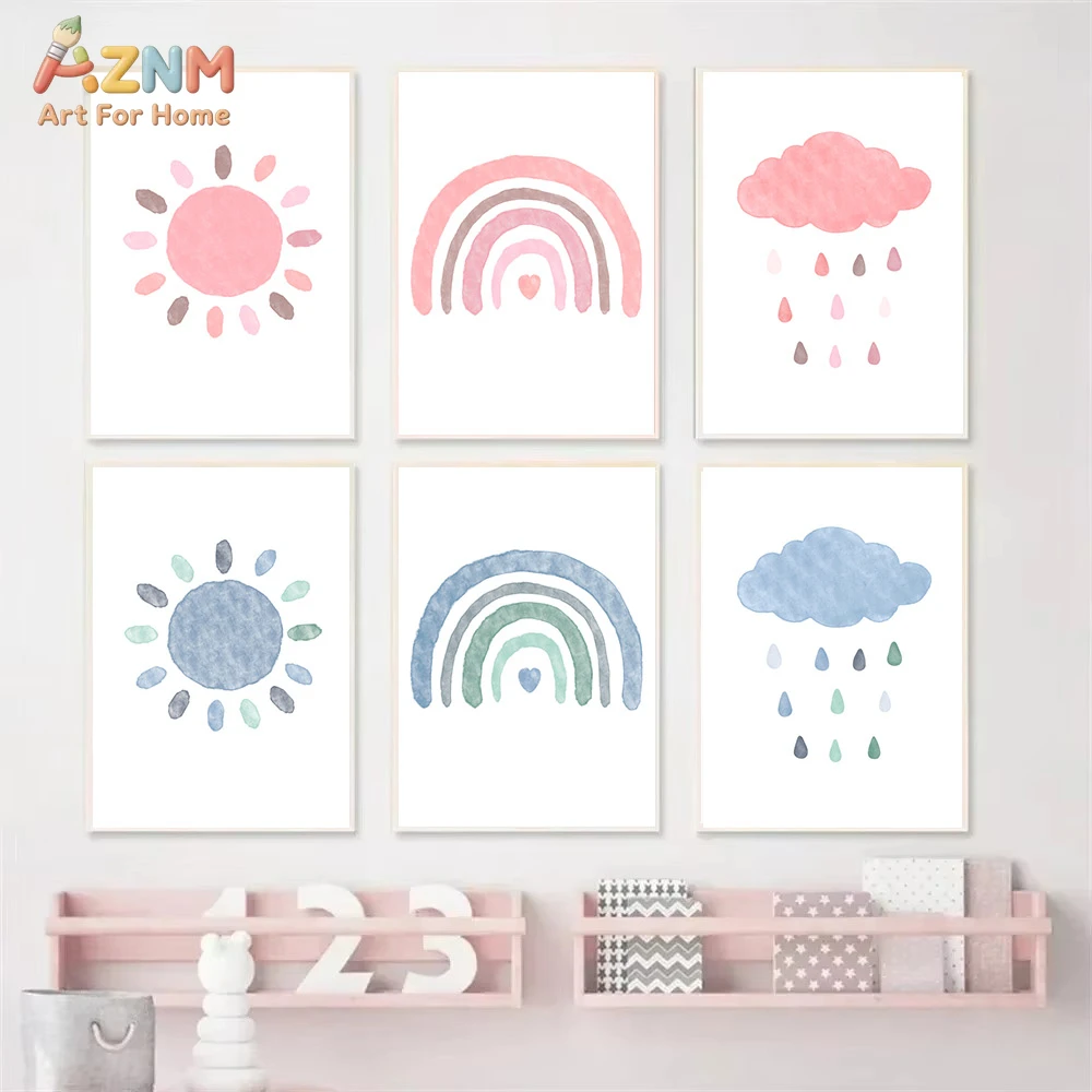 AZNM Pastel Watercolor Nursery Canvas Wall Art, Soft Sun Rainbow Cloud Weather Minimalist Print Baby Kids Room Bedroom Home Wall