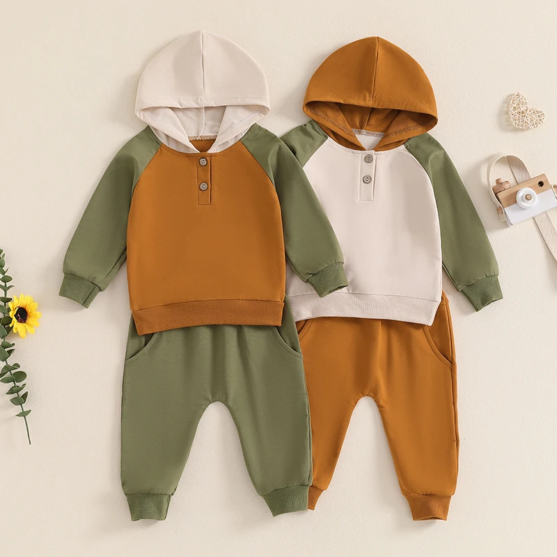 

Toddler Boys Fall Outfits Hoodies Contrast Color Long Sleeve Buttons Hoodies Hooded Sweatshirts and Long Pants 2Pcs Clothes Sets