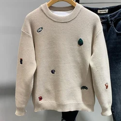 Autumn Winter Fashion Round Neck Long Sleeve Printing Pullovers Men's Clothing Embroidery All-match Loose Casual Knitting Tops