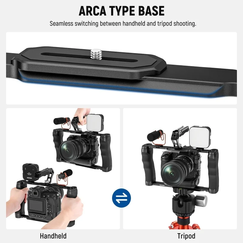 NEEWER Universal Camera Cage & Top Handle with 3/8" ARRI Locating Kit Video Rig Camera Stabilizer with Arca Type Base