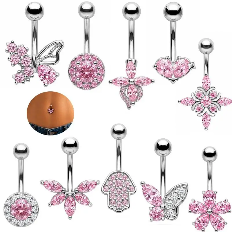 Belly Button Rings Y2K Butterfly Flower Iridescent Crystal Charm Stainless Steel Navel Barbell for 2000s Style Outfits