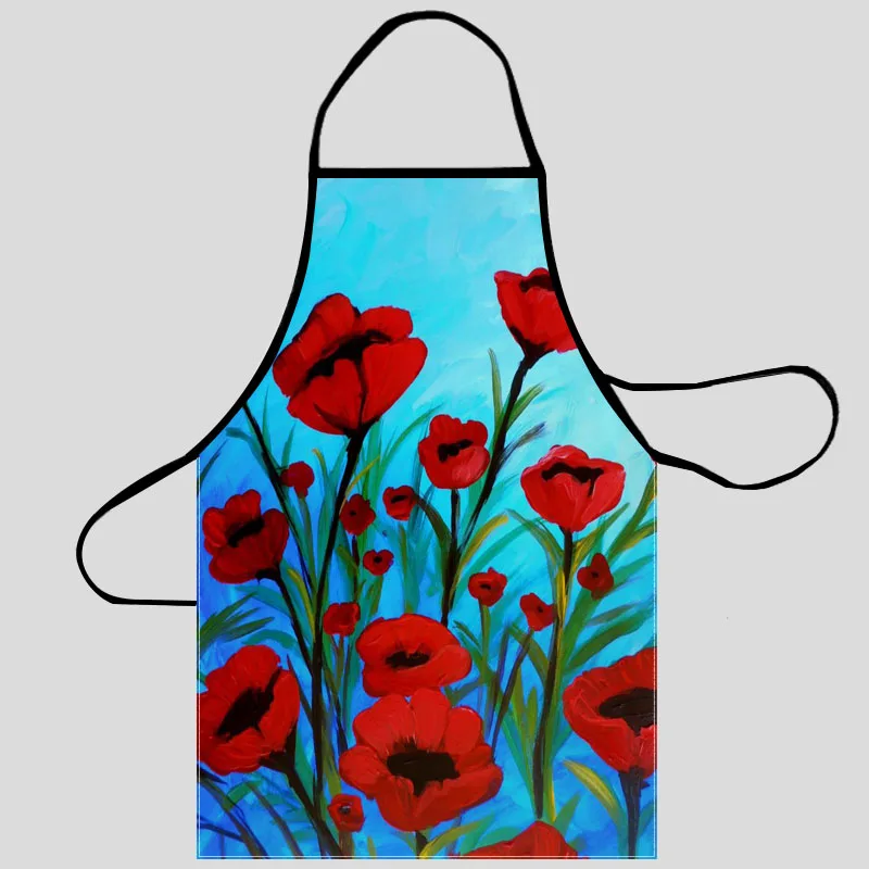 Poppy Painting Pattern Oxford Fabric Apron For Men Women Bibs Home Cooking Baking Cleaning Aprons Kitchen Accessory