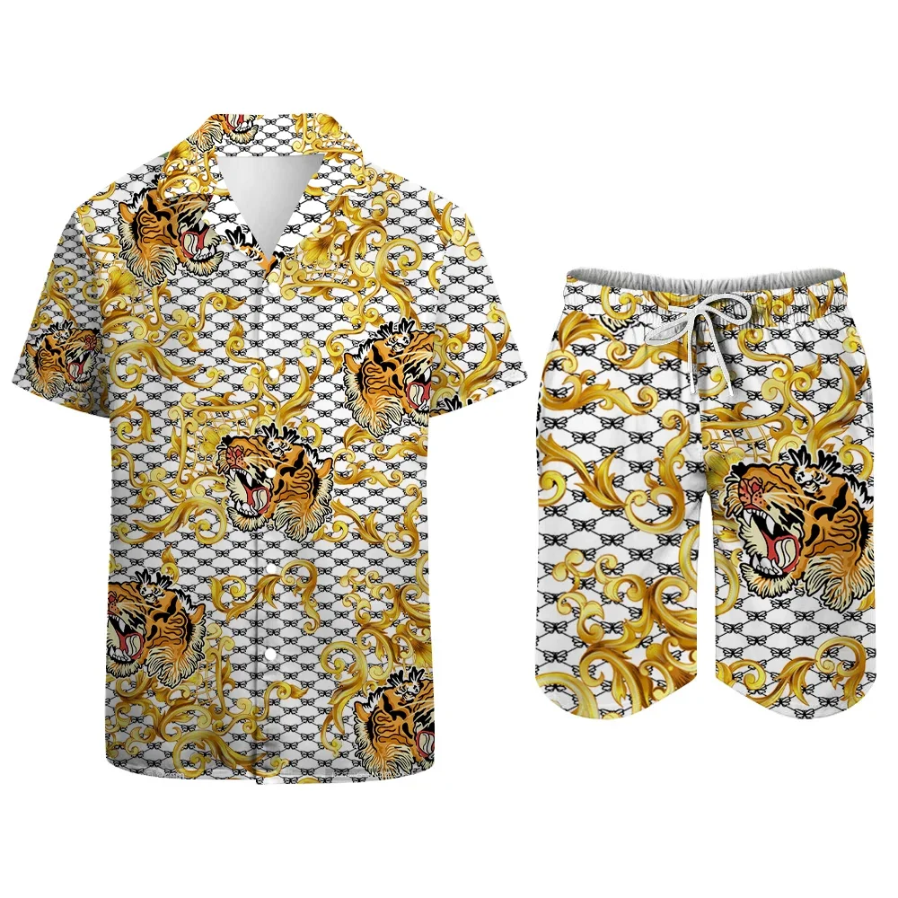 Hawaiian Shirt Set Men's 3D Printed Tiger Print Summer Fashion Casual Baroque Style Oversized Lapel Shirt And Shorts 2 Piece Set