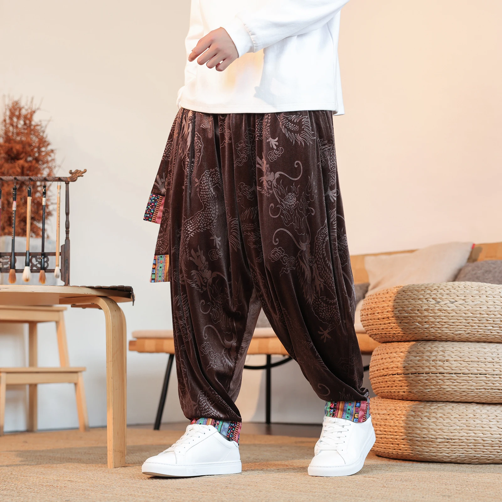 

Autumn Chinese Style Men Vintage Patchwork Harem Pants Flutter Men Corduroy Harlan Trousers Man Baggy Wide Leg Lantern Pants