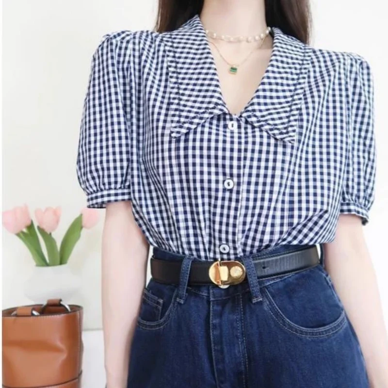 

Spring And Summer New Striped Plaid Patchwork Color Sailor Collar Short Sleeve Women's Wear High Quality Single Breasted Shirt