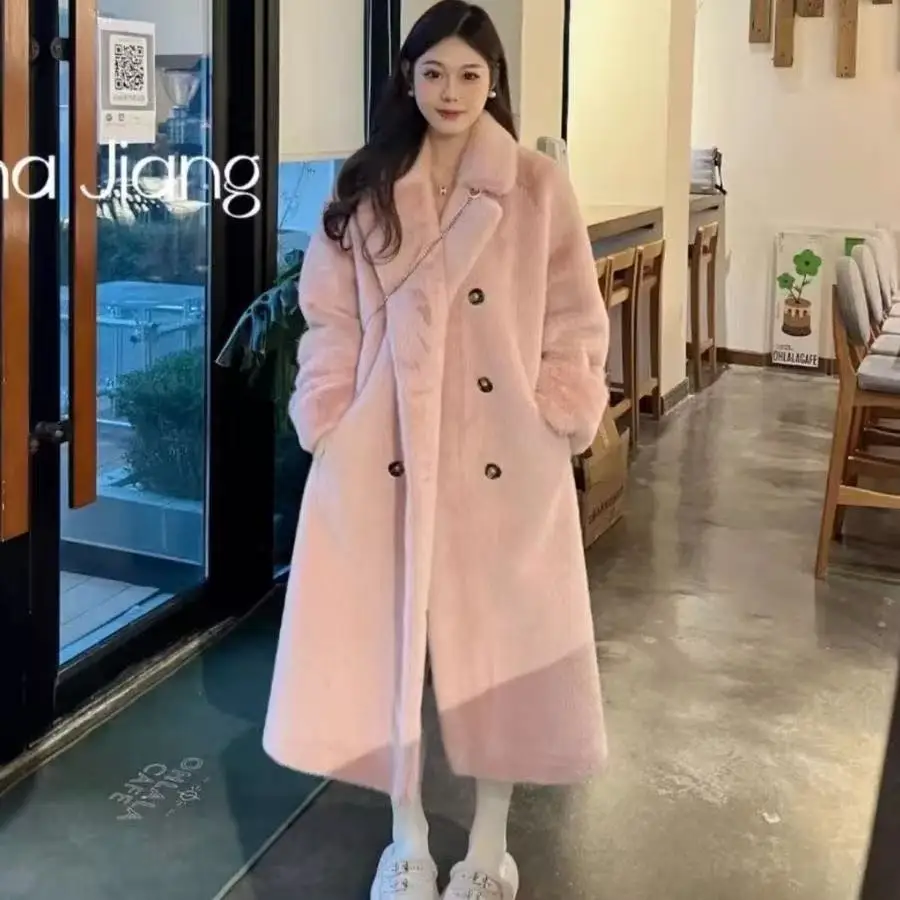 

Теплый костюм с воротником, меховое длинное пальто на осень и зиму 2025, утепленные искусственные кроличьи меховые теплые элегантные высококачественные экологически чистые куртки