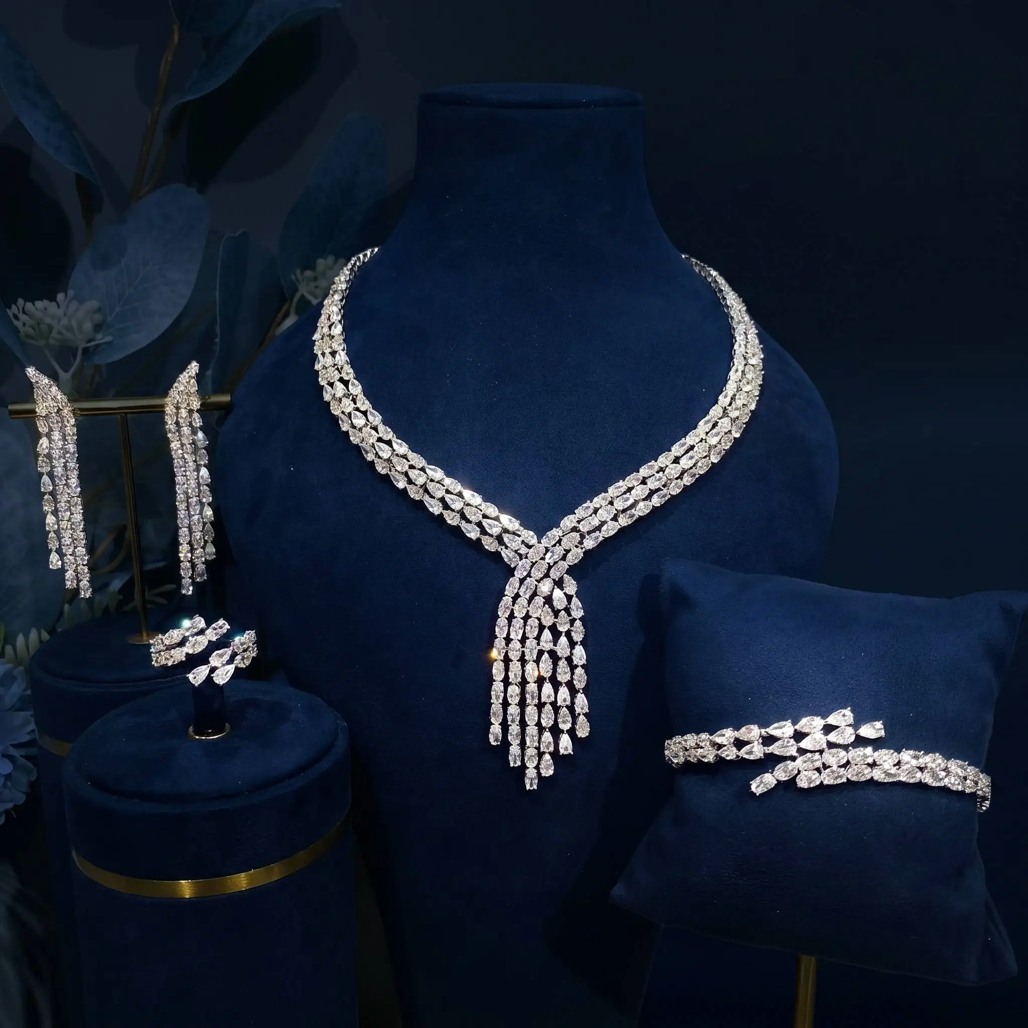 Bride Talk Luxury 4PCS Triple Strand Waterdrop Tassel CZ Zirconia Bridal Jewelry Set Dubai African Wedding Banquet Accessories