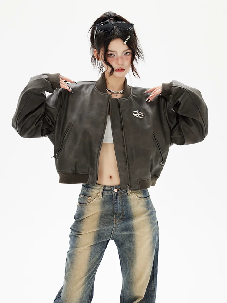 American Vintage PU Leather Jackets Korean Chic Hippop Stand Collar Zipper Casual Coats Y2k Aesthetic Punk Grunge Top 2000s