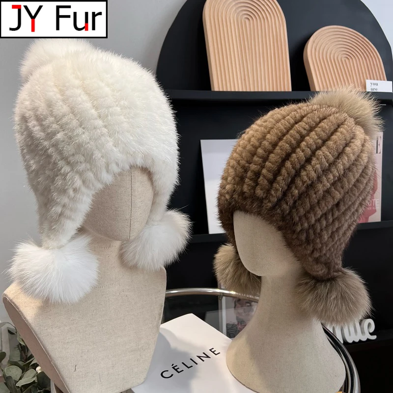 Winter Fashion Real Mink Fur Hat For Women Knitted Mink Fur Ear Warm Cap The Spiral Beanies Cap With Fox Fur Pompom On The Top