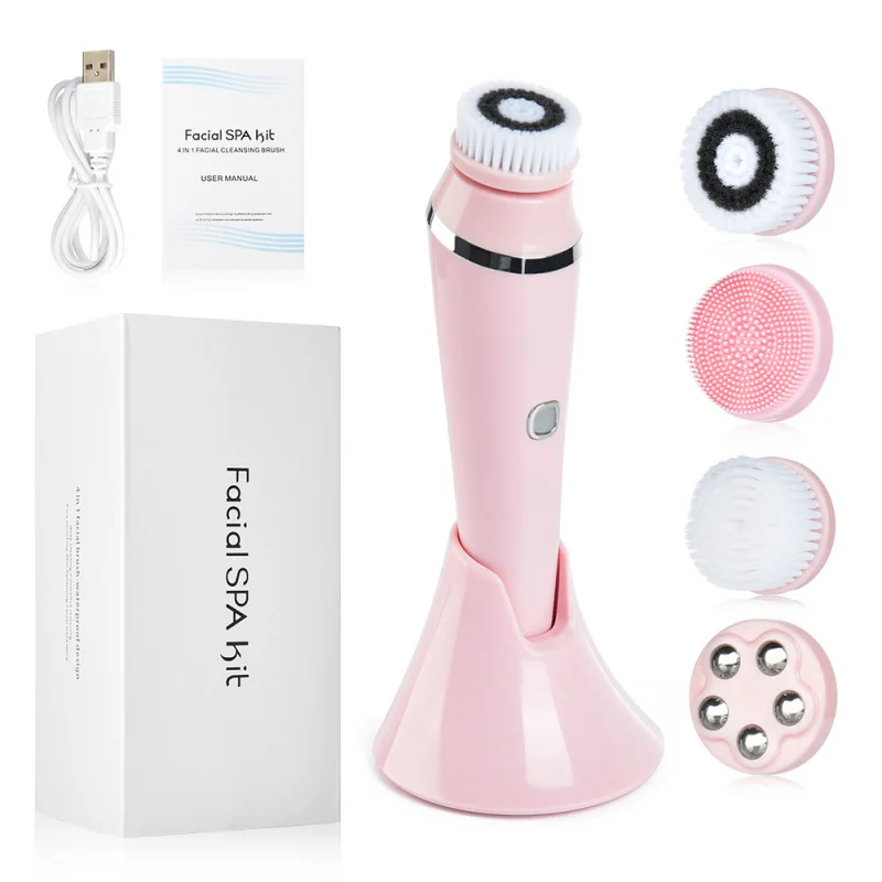 Rechargeable 4 in 1 Cleansing Brush Waterproof Spin Exfoliating Face Scrubber Brush Kit Skin Care