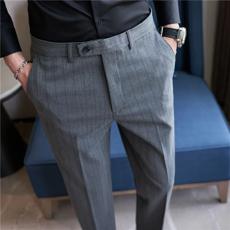 Gray Plaid Suit Pants Men\'s, Fashion Slim Streaks Trousers, Korean Navy Blue Pantalones Hombre 28 29 30 31 32 33 34 36 38