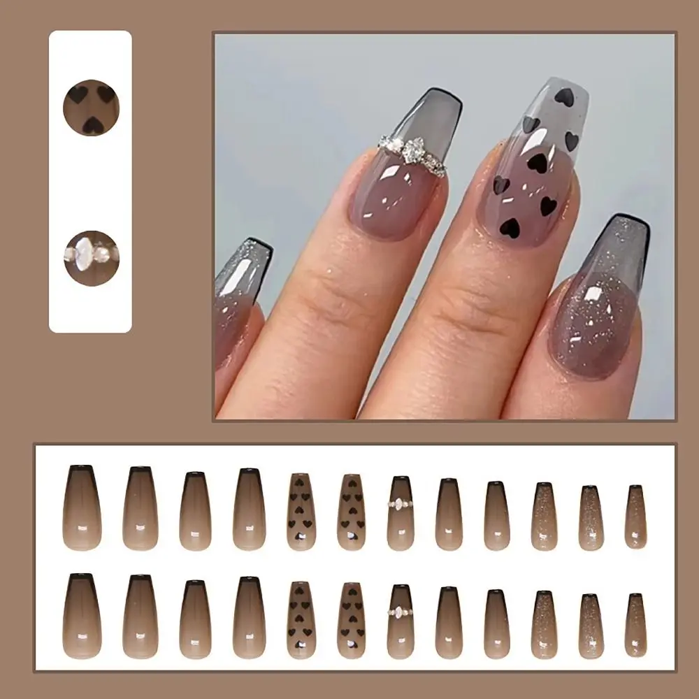 24/30 pièces épices paillettes faux ongles doré peinture à l'encre française presse sur les ongles avec gelée autocollants couverture complète faux ongles