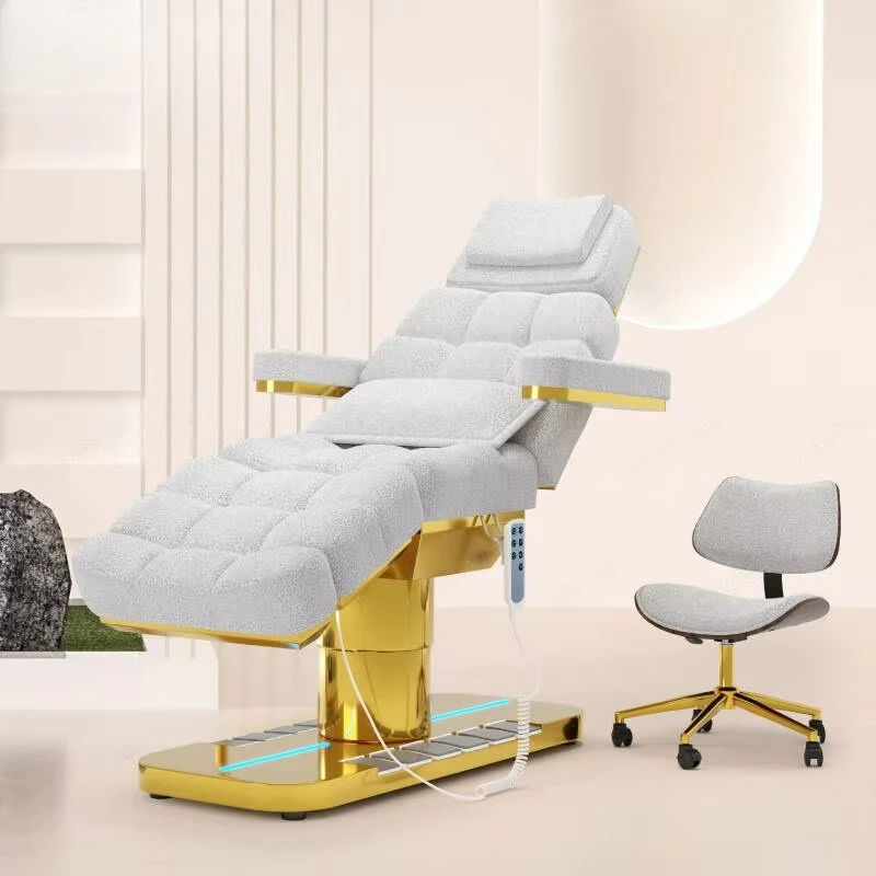 

Luxury Gold Background Salon Electric Massage Facial Lash Bed and Chair with Light Lash Bed Salon Furniture