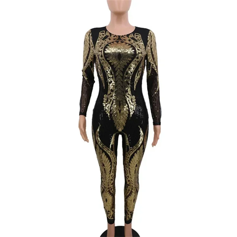 Fashion Patterned Sexy See-through Jumpsuit Women Slim Fit Pencil Trousers Rompers Female Party Club Nightclubs One-piece Pants
