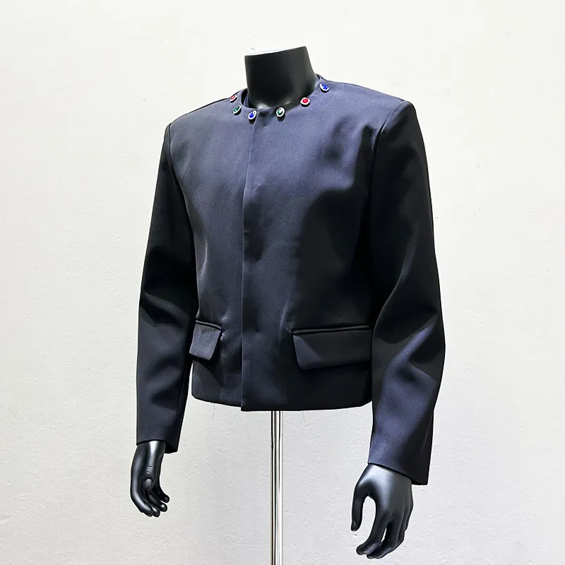 Men's Round Neck Jacket with Padded Shoulders and Cropped Shape for Holiday Parties and Memorable Evening Looks