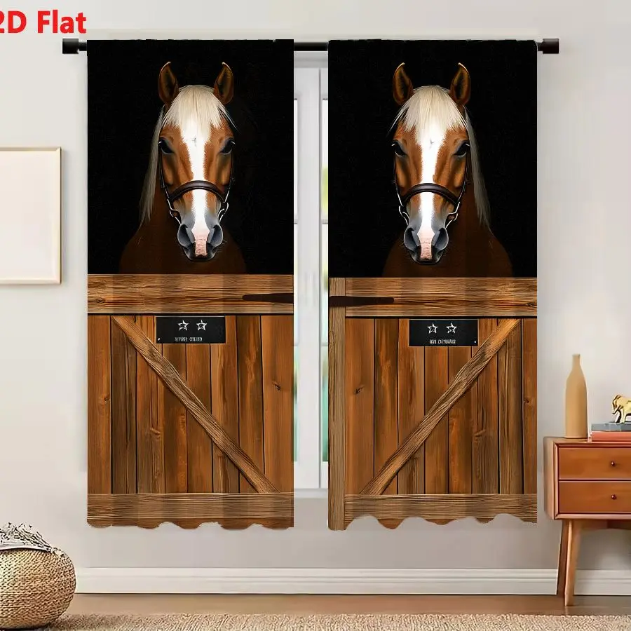 2Pcs Curtains 2D Flat Two Chestnut Horses With White Blazes And Flaxen Manes Peeking Over Wooden Stable Door Window Drapes for B