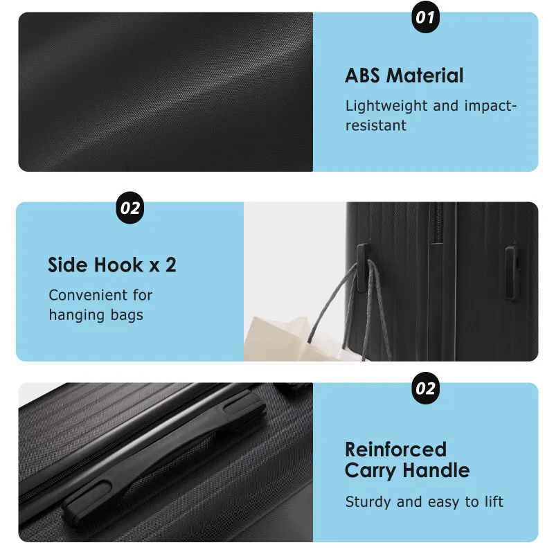 Set 3 Piece Lightweight Durable ABS Suitcases With Spinner Wheels And Lock Carry On  Checked Travel