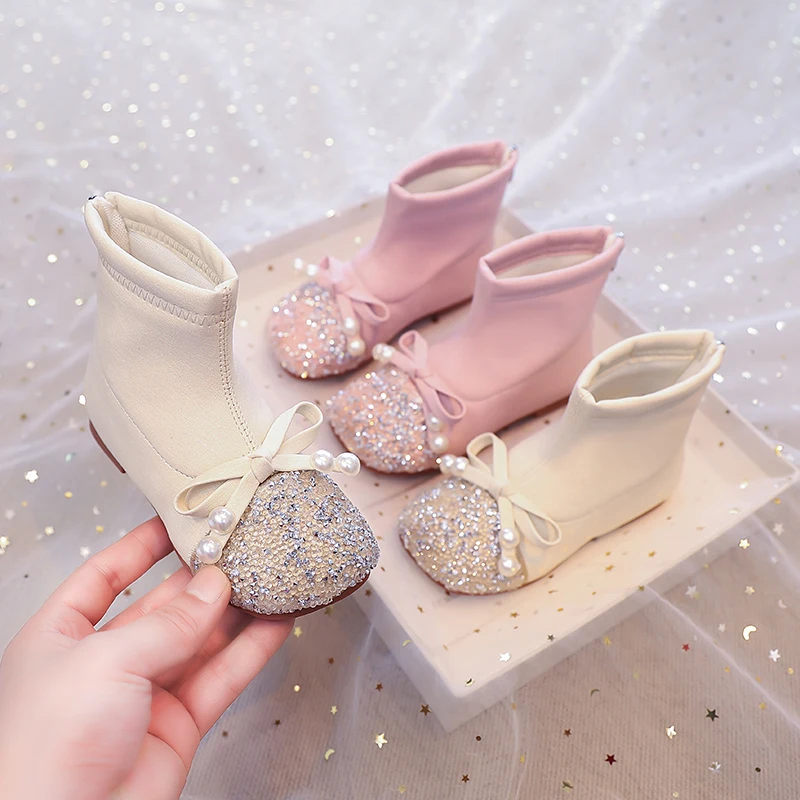 Girls Ankle Boots Children Crystal Princess Shoes Anti-slippery Fashion Kids PU Leather Boots with Butterfly-knot Size 26-35