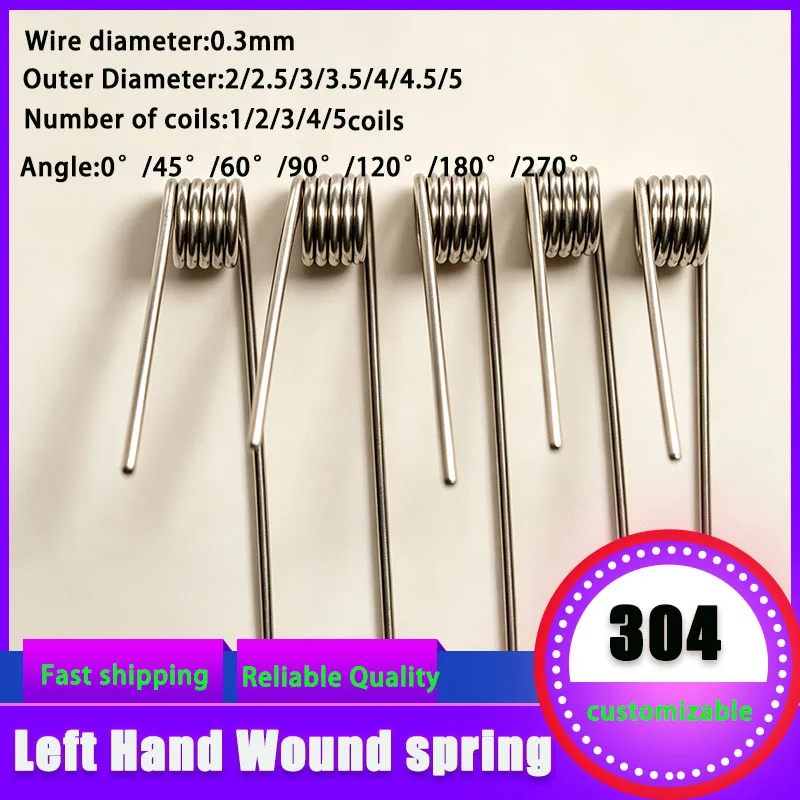0.3mm Wire 304SUS Left Hand Torsion Spring, V-Type Reset Hardware, 1-5 Coils Optional