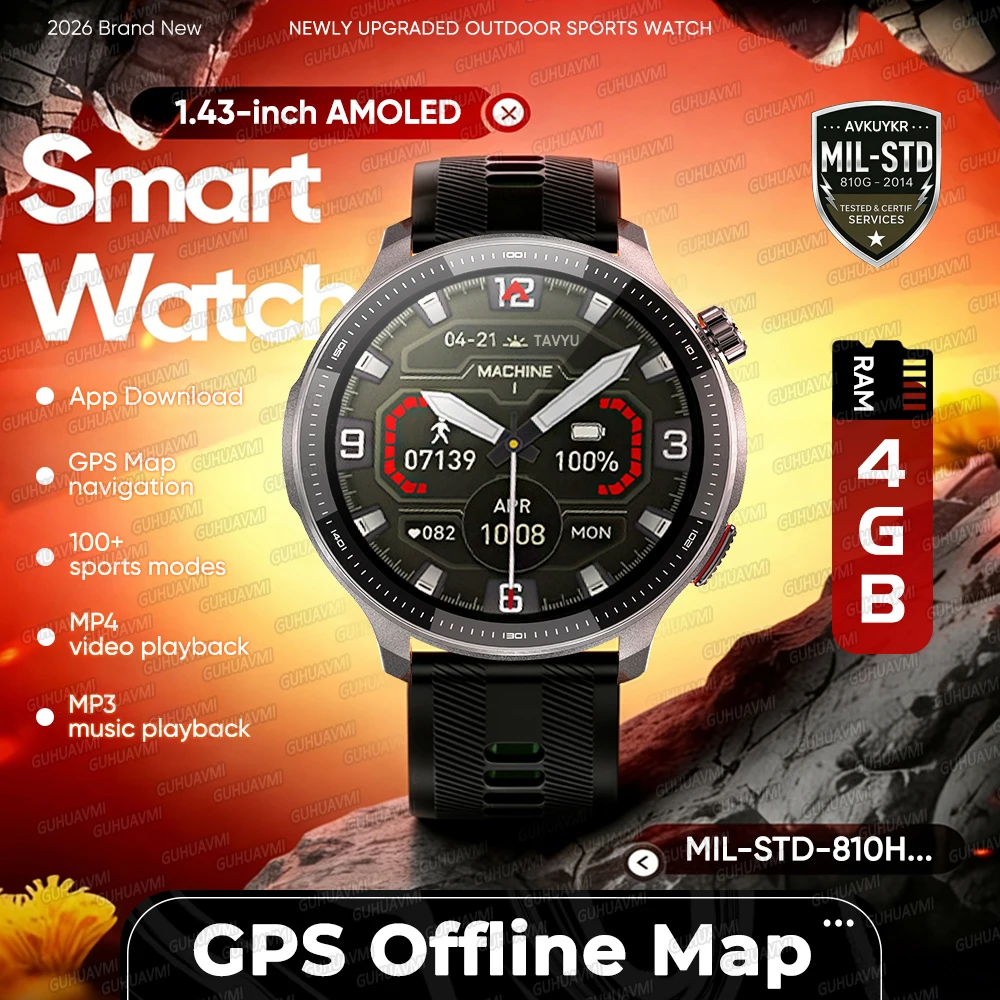 

2026 New Rugged Outdoor Sports SmartWatch Built-in 4GB RAM GPS Offline Map Compass MP3 Music Cycling Run Swim Fitness Smartwatch