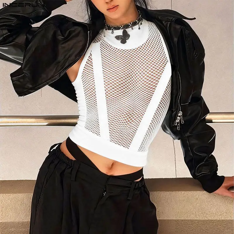 INCERUN Männer Tank Tops Mesh Patchwork Transparent Oansatz Ärmellose Männliche Westen Streetwear Sexy Party Mode Crop Tops Männer S-3XL