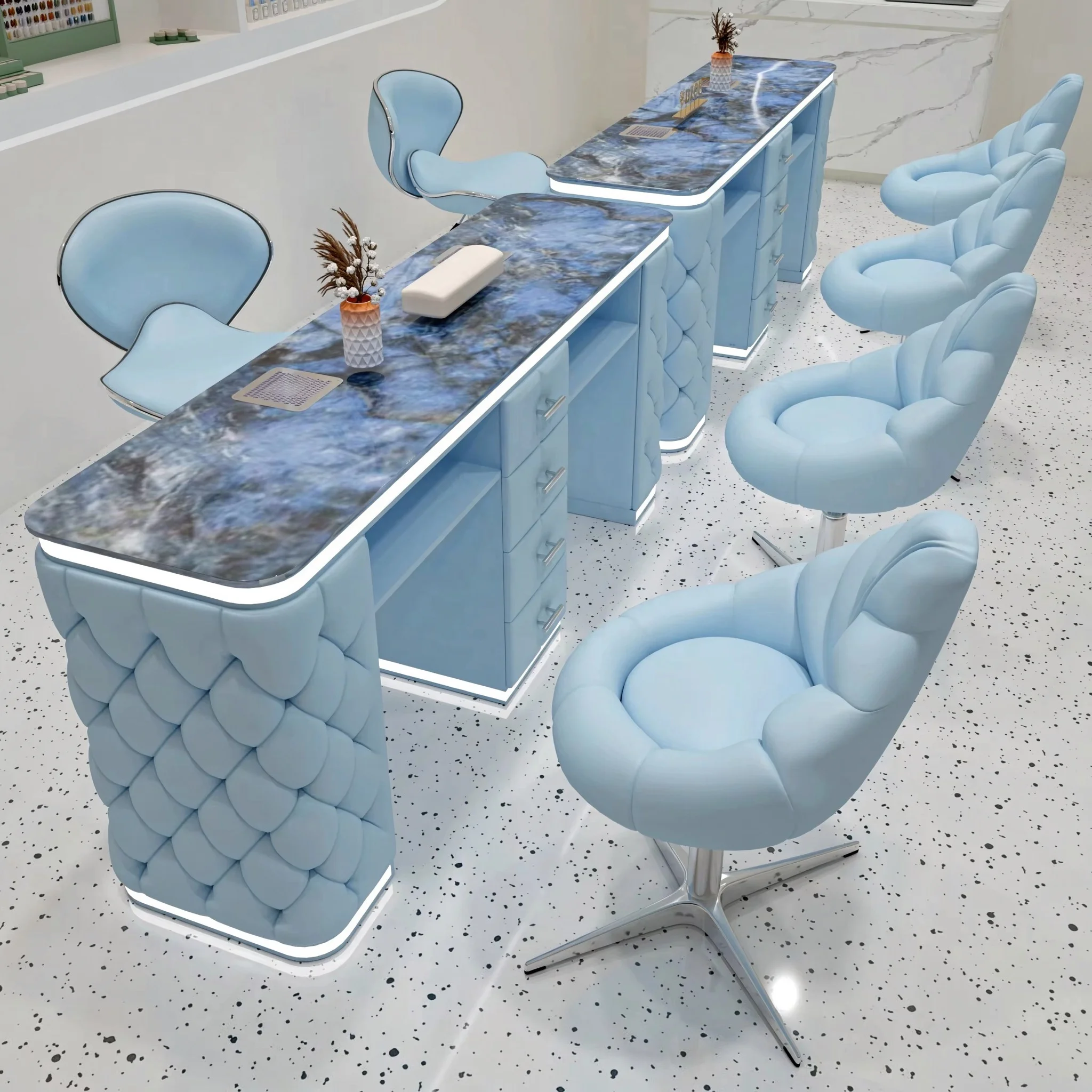 Manicure Table and Chair Set with Built-in Dust Collector, LED Light Strip, Bubble Tufted Nail Salon Furniture