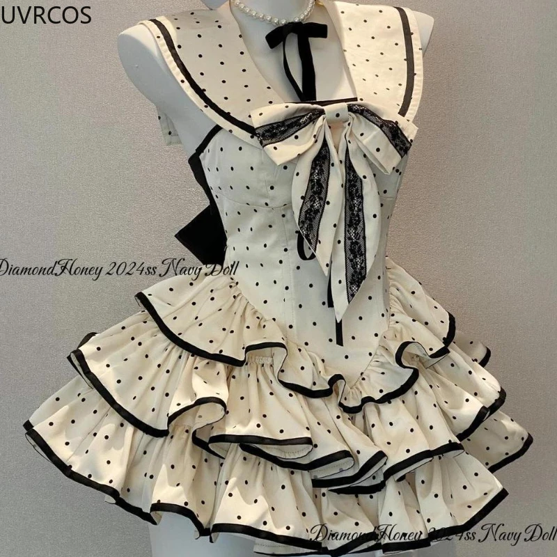 Vestido Lolita gótico japonês para meninas, estilo formal, estampa de bolinhas, gola de marinheiro, vestidos sem costas, mini vestido de festa elegante, estilo gótico, Y2k