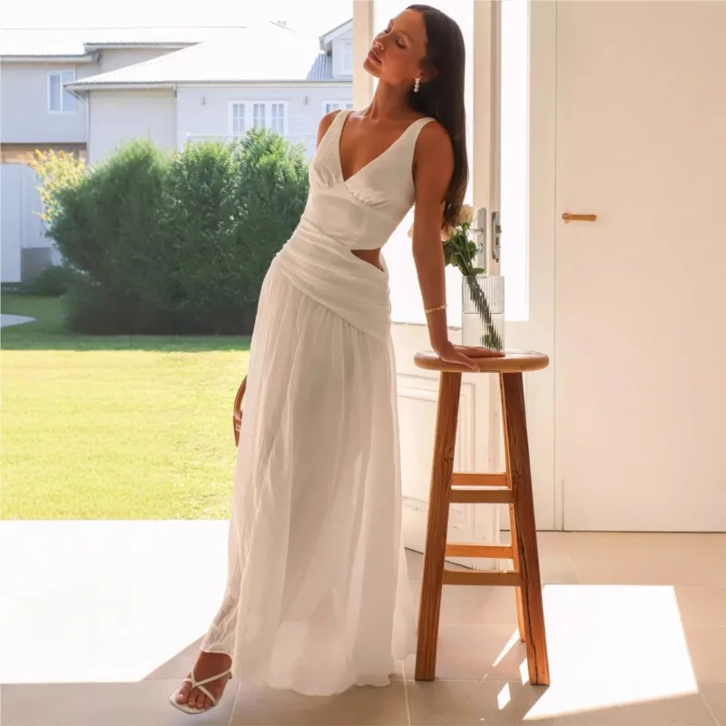 جديد الصيف عادية أكمام مطوي فستان طويل vestidos سيدة الموضة الخامس الرقبة رداء فستان بلون الجوف عارية الذراعين فستان المرأة #2