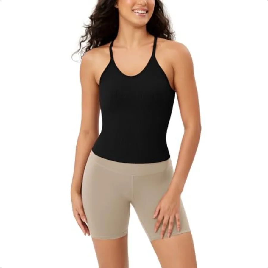 

ODODOS Women's Crop Seaml RibKnit Camisole Strappy Racerback Cropped Tank Tops