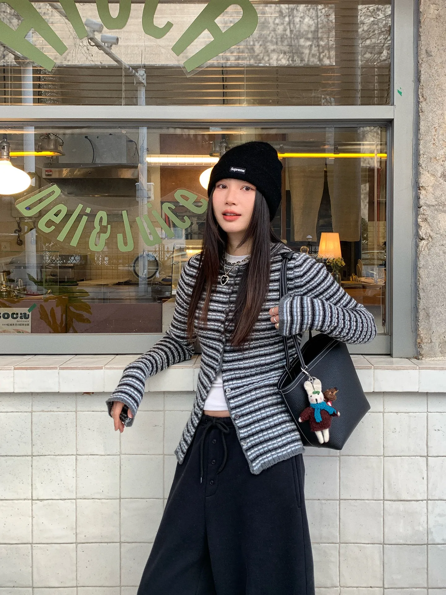 

Повседневный шерстяной кардиган в полоску, универсальный, черно-белый, синий в полоску, из кашемира, повседневный, с завязками на талии, длинный рукав