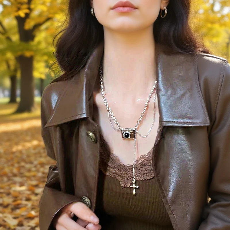 Vintage marrón cámara Melard cuadrado ojo de tigre piedra colgante collar de cuero para Mujeres Hombres Punk Hip Hop Y2K encanto nuevos accesorios