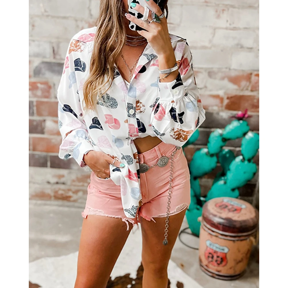 Autumn Women Hats Print Buttoned Decor Long Sleeve Top Fashion Casual Turn-down Collar Elegant Shirts Blouse Summer Wear