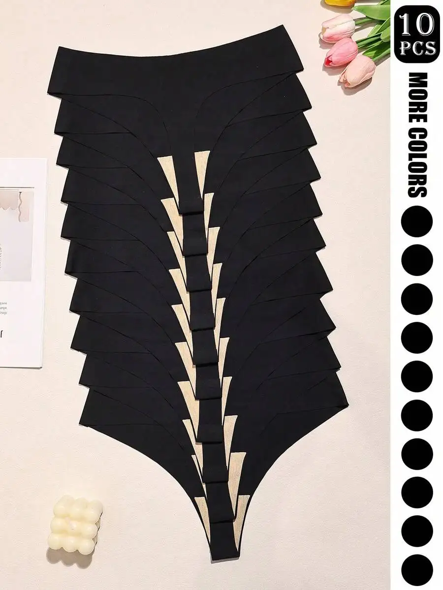 

10pcs Seamless Womens Thong Panties, Soft Nylon Blend, Low Waist, Stretchy Fit, Opaque, Minimalist Style