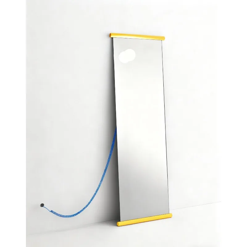 

Italian minimalist glass full-length mirror, floor-to-ceiling mirror against the wall, movable full-body mirror with lamp