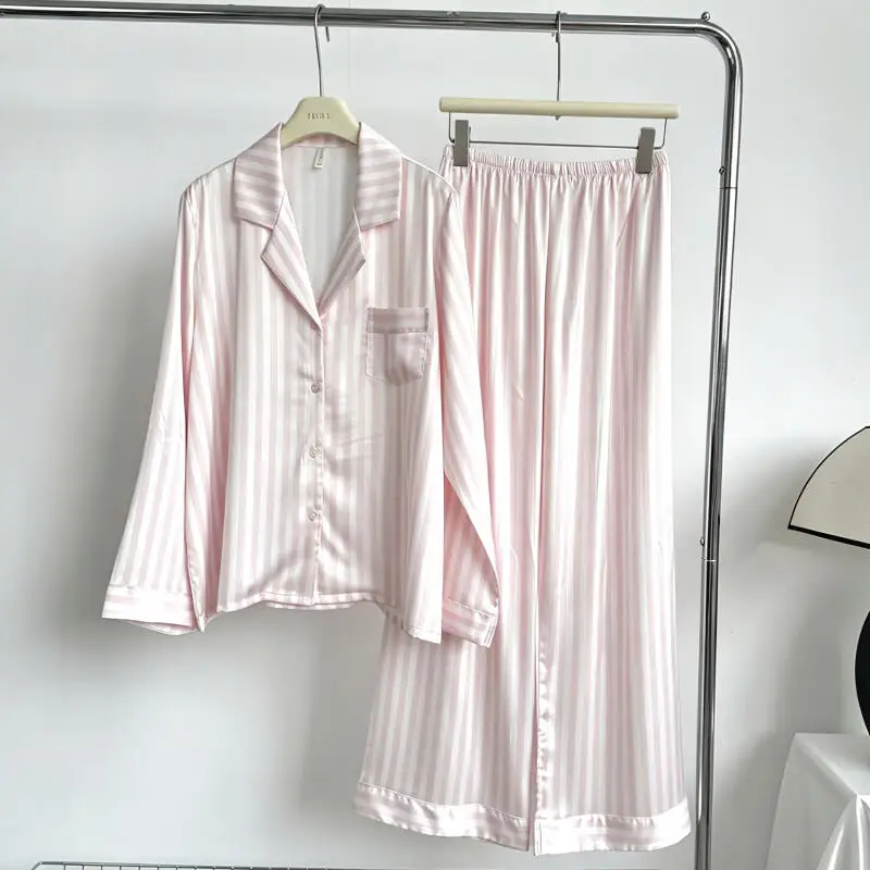 Pink Stripe Women Homewear Pajamas Set Long Sleeves Lapel 2 Pcs Shirt&pants Sleepwear Suit Silk Autumn New Cozy Loose Loungewear