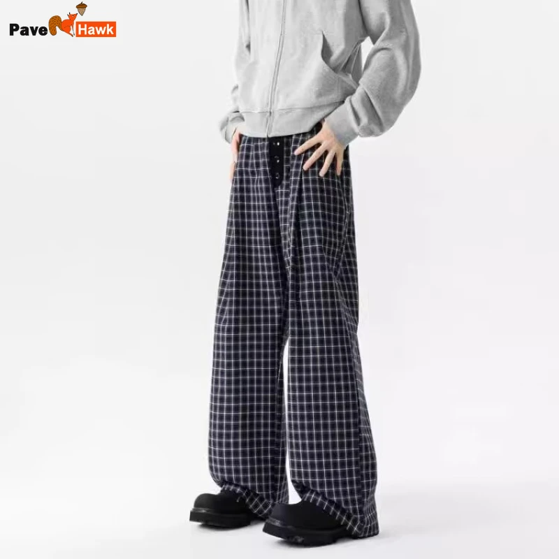 Plaid Blue Loose Pants Mens New 2024 Fashionable Casual Single-breasted Straight Leg Trousers Unisex Color Blocking Pantalettes