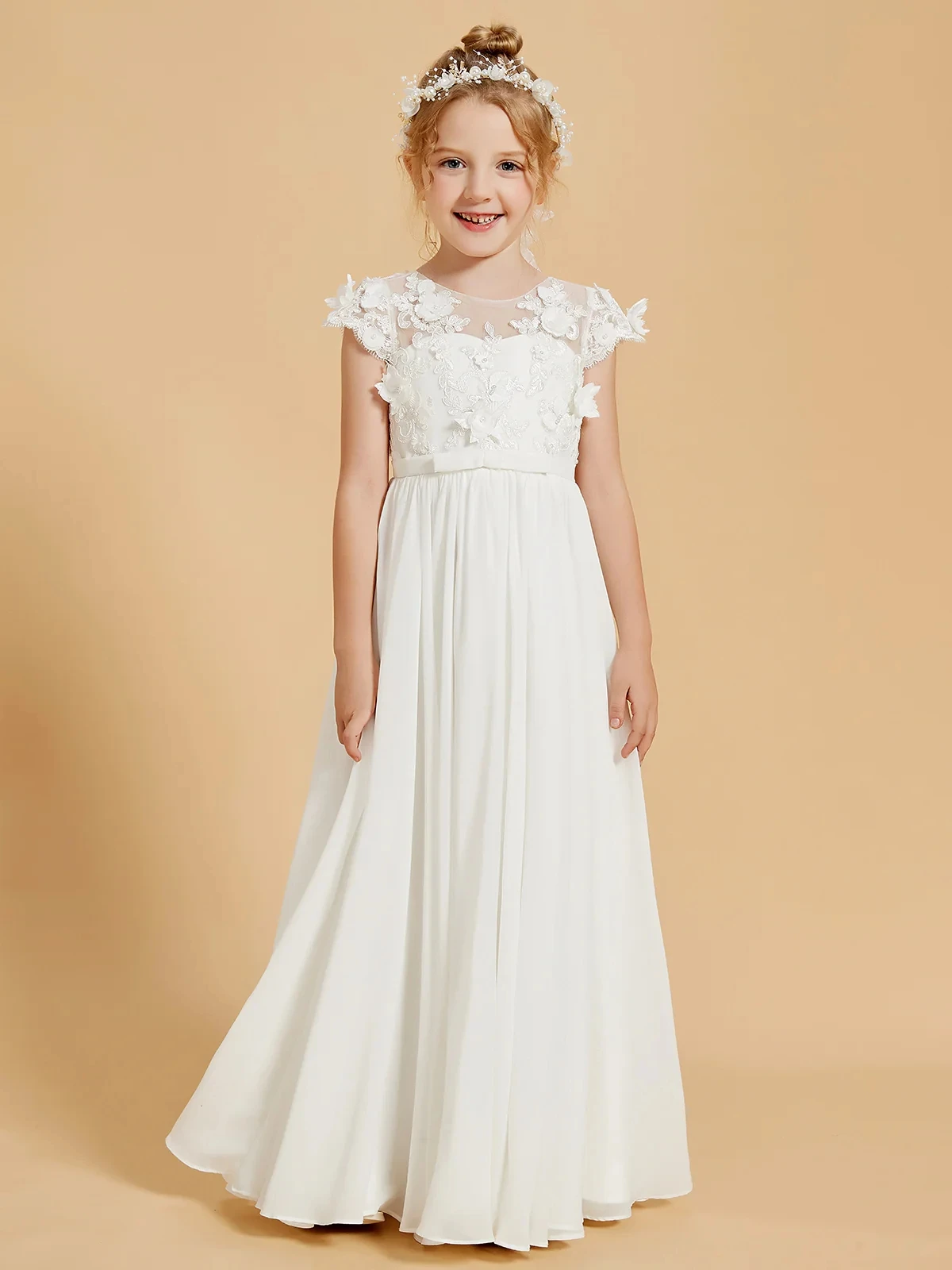 

Customized Chiffon Flower Girl Dresses Cap Sleeves Lace Appliques 3D Flowers Bow Kids Gowns for Girl First Communion Dresses