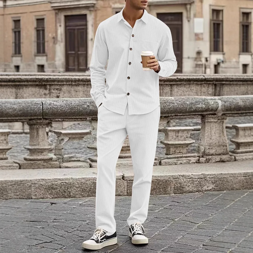 

New Corduroy Men's Autumn Casual Button-Down Shirt Cardigan Long-Sleeved Long Pants Set Fashionable Lapel Two-Piece Set
