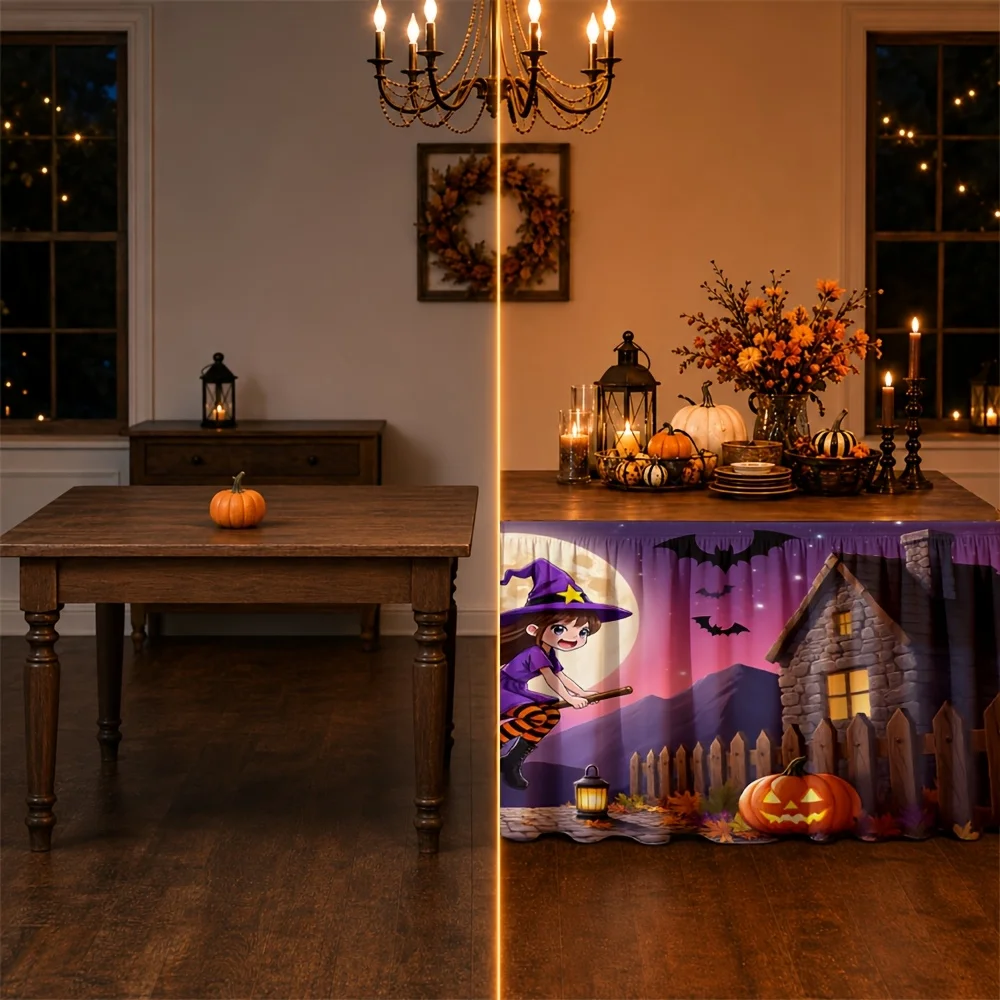 Tablecloth for Halloween theme - Magic Witch, Pumpkin Lantern, Full Moon Night Scene, Gothic Style, Autumn, Partyxzj