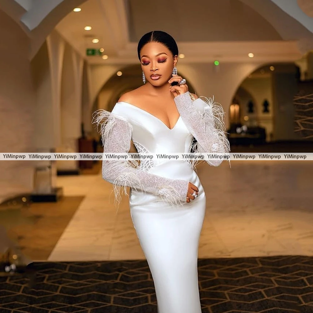 Elegant Civil Wedding Dresses for Bride Off Shoulder Long Sleeve Tea Length Feathers Bridal Reception Cocktail Dress Customized