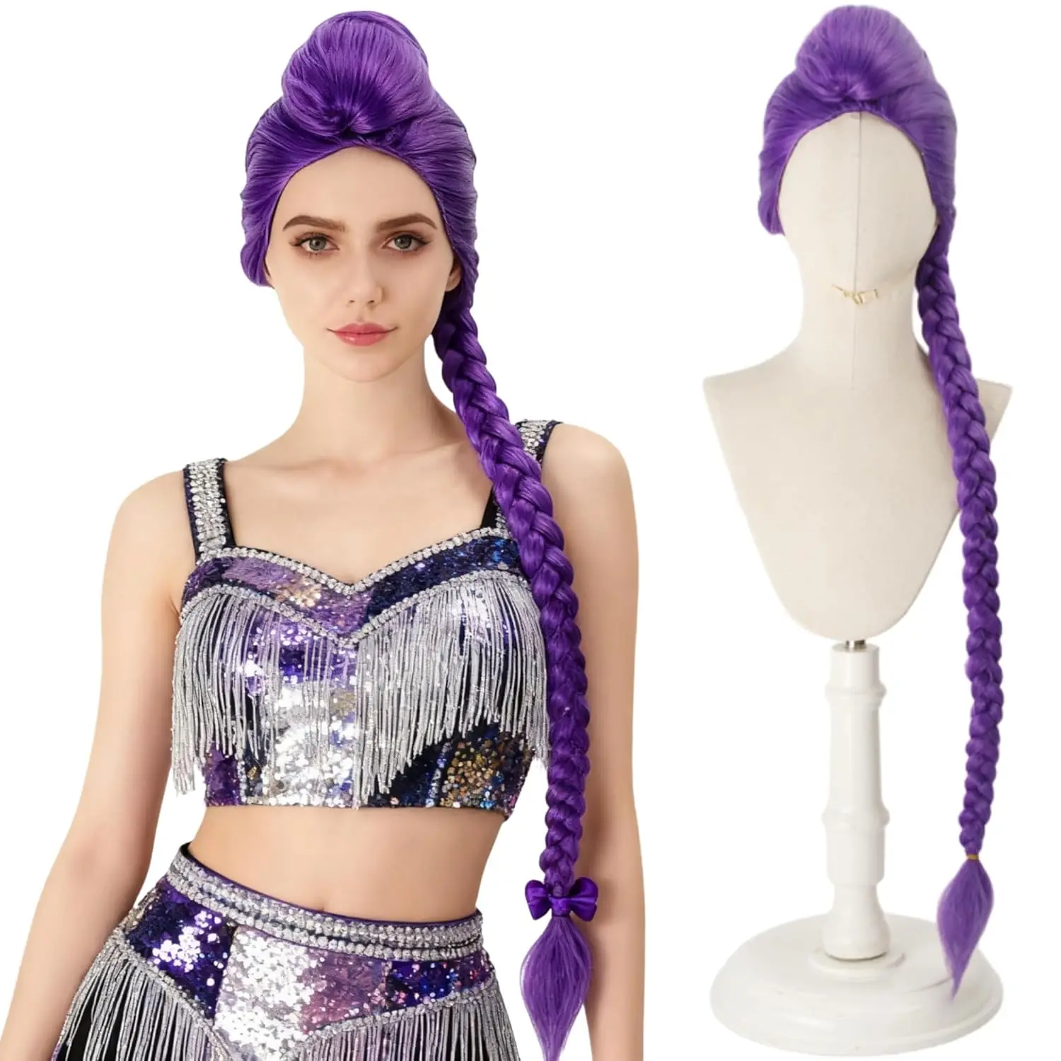 المرأة طويلة الأرجواني مضفر شعر مستعار ذيل حصان أنيمي تأثيري حلي هالوين شعر مستعار للحفلات