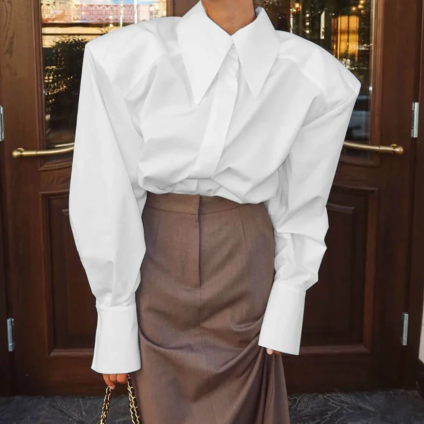 

Autumn Elegant White Puff Sleeve Shirt Office Lady Single-Breasted Woman Blouse Street Chic Turn Down Collar Tops