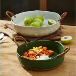 Japanese Double Ear Hemp Rope Fruit Basket Vintage Ceramic Snack Plate Multifunctional Christmas Tableware