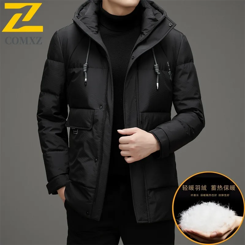 COMXZ Men Mid Length Down Jacket Winter New Loose Fit Thickened Duck Down Casual Fashion Waterproof windproof Outdoor sport coat