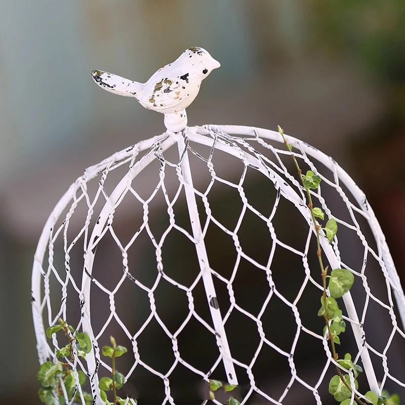 Vintage Wire Cloche Dome, Shabby Chic Birdcage, French Country Metal Plant Cover, Garden Decor, Rustic Distressed White